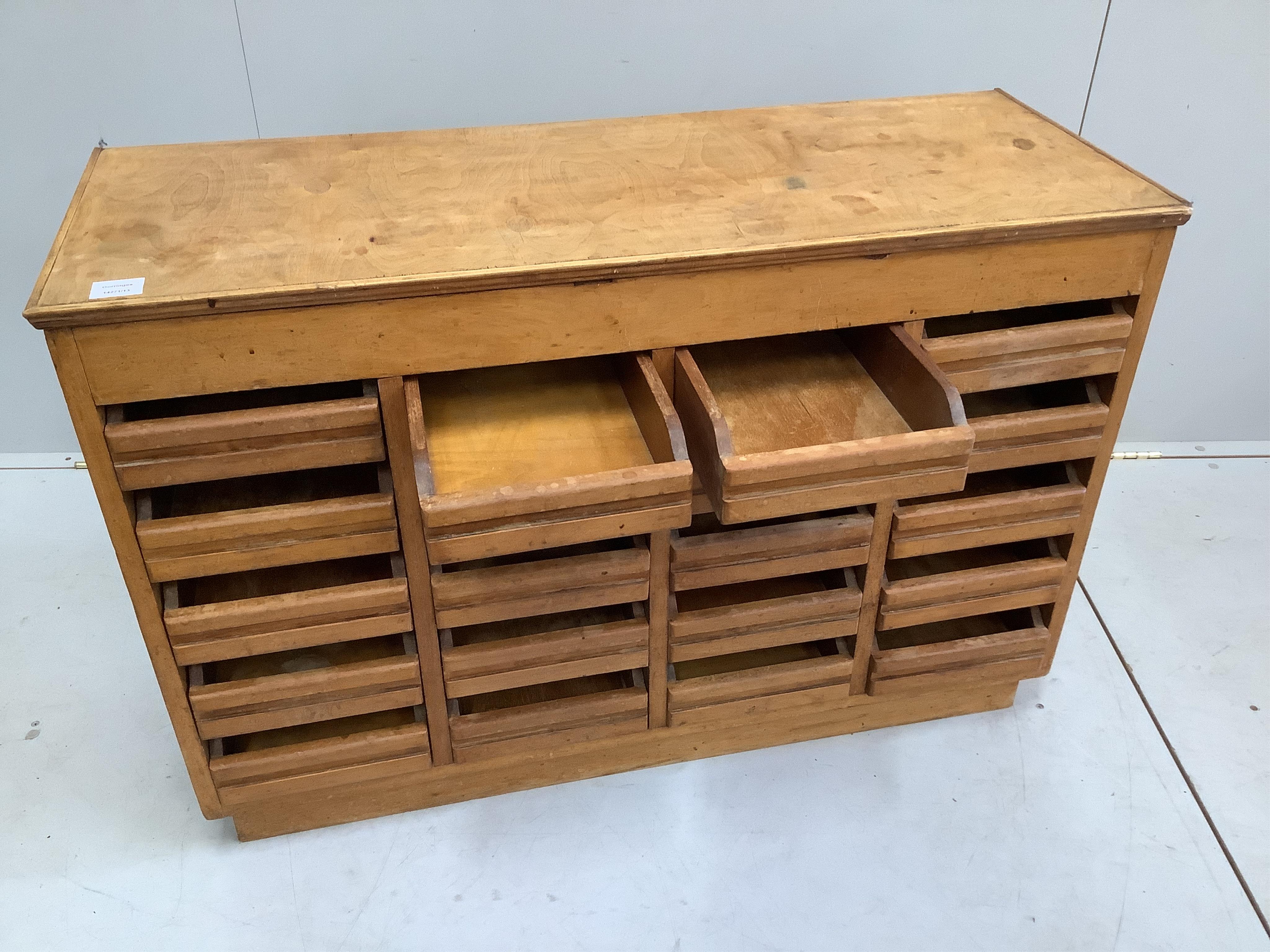 A mid century haberdasher’s display cabinet, width 104cm, depth 39cm, height 70cm